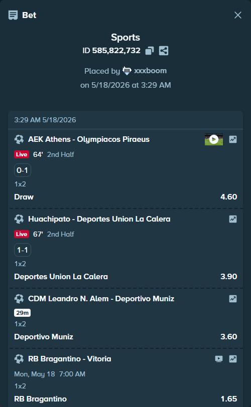 Bet slip: CDM Leandro N. Alem - Deportivo Muniz, $30,946.62 stake at 3.60 odds, placed by xxxboom
