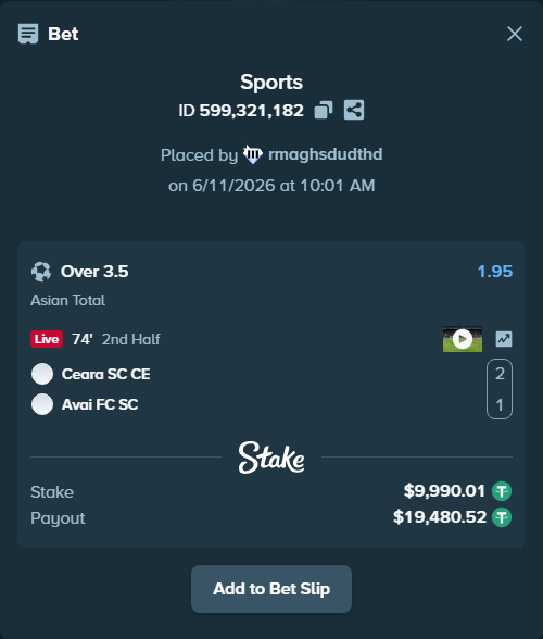 Bet slip: Ceara SC CE - Avai FC SC, $10,000.00 stake at 1.95 odds, placed by rmaghsdudthd