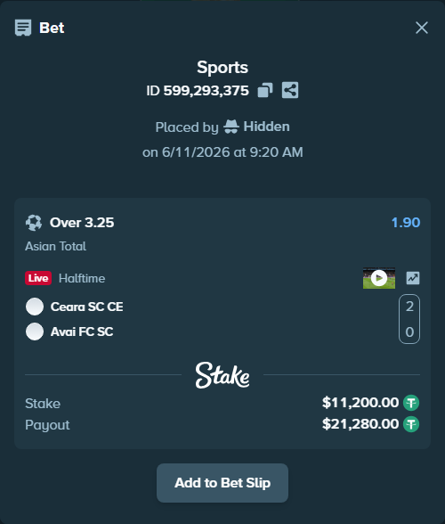 Bet slip: Ceara SC CE - Avai FC SC, $11,211.20 stake at 1.90 odds, placed by Hidden
