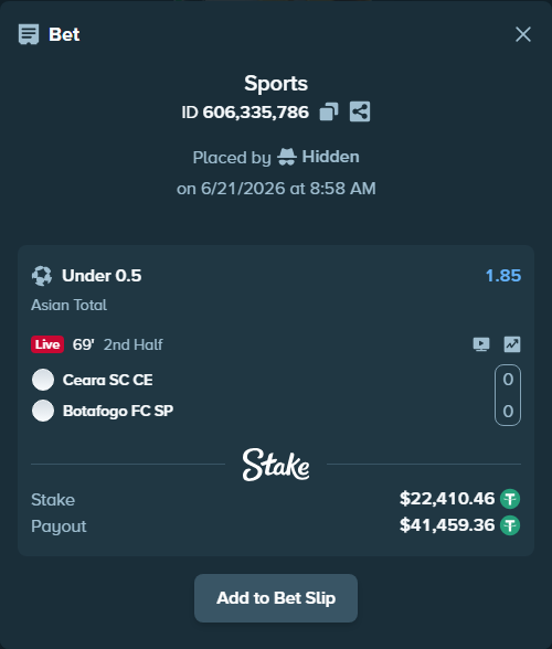 Bet slip: Ceara SC CE - Botafogo FC SP, $22,432.87 stake at 1.85 odds, placed by Hidden