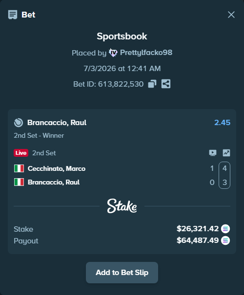 Bet slip: Cecchinato, Marco - Brancaccio, Raul, $26,953.47 stake at 2.45 odds, placed by Prettylfacko98