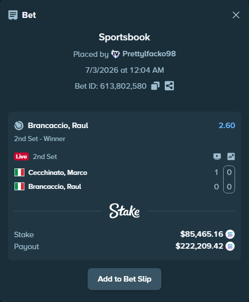 Bet slip: Cecchinato, Marco - Brancaccio, Raul, $86,849.31 stake at 2.60 odds, placed by Prettylfacko98
