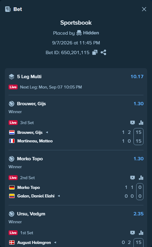 Bet slip: Cecchinato, Marco - Djere, Laslo, $10,000.00 stake at 1.60 odds, placed by Hidden