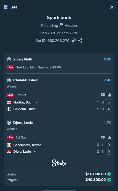 Bet slip: Cecchinato, Marco - Djere, Laslo, $10,000.00 stake at 1.70 odds, placed by Hidden