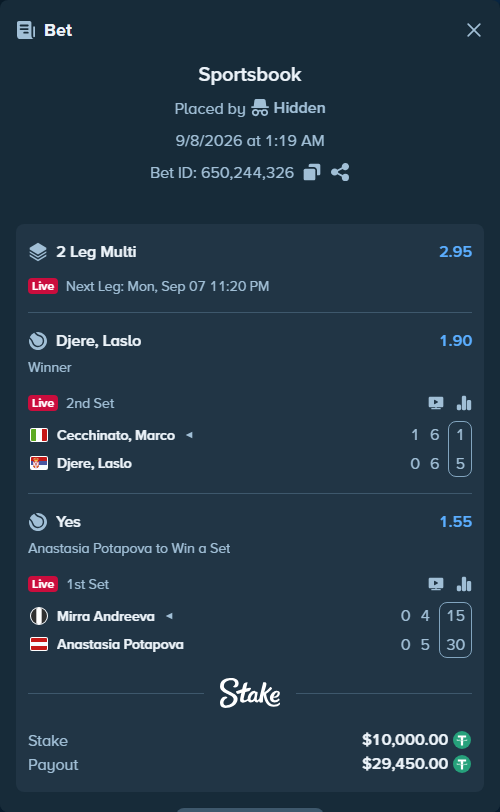 Bet slip: Cecchinato, Marco - Djere, Laslo, $10,000.00 stake at 1.90 odds, placed by Hidden