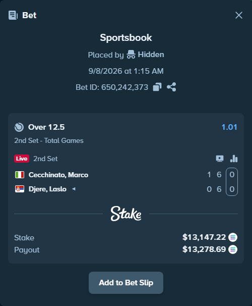 Bet slip: Cecchinato, Marco - Djere, Laslo, $13,136.39 stake at 1.01 odds, placed by Hidden