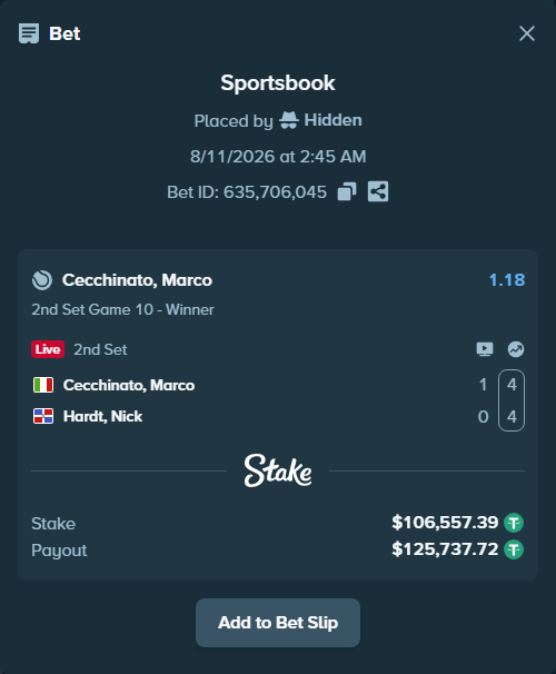 Bet slip: Cecchinato, Marco - Hardt, Nick, $106,663.95 stake at 1.18 odds, placed by Hidden