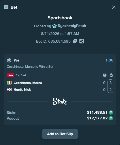 Bet slip: Cecchinato, Marco - Hardt, Nick, $11,500.00 stake at 1.06 odds, placed by RyazheniyPetuh