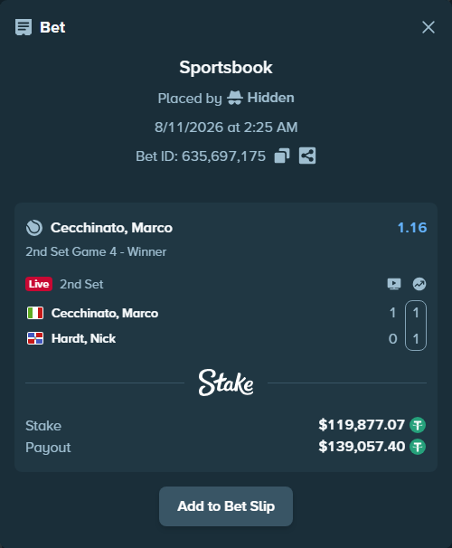 Bet slip: Cecchinato, Marco - Hardt, Nick, $119,996.94 stake at 1.16 odds, placed by Hidden