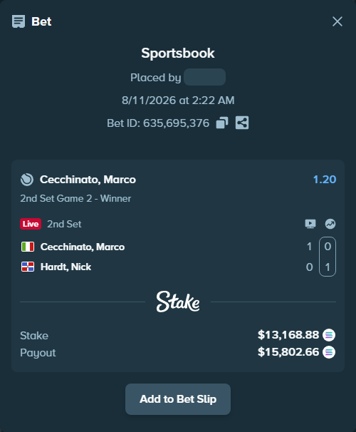 Bet slip: Cecchinato, Marco - Hardt, Nick, $13,180.17 stake at 1.20 odds, placed by HOPLAND4