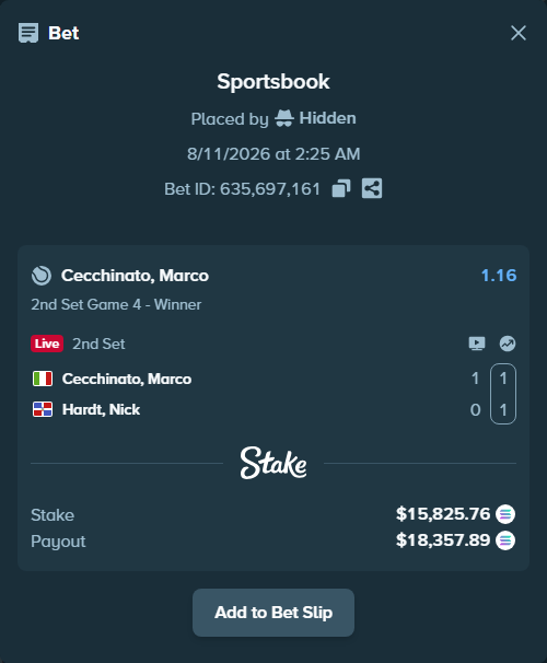 Bet slip: Cecchinato, Marco - Hardt, Nick, $15,851.86 stake at 1.16 odds, placed by Hidden