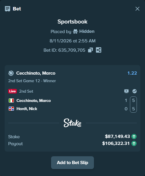 Bet slip: Cecchinato, Marco - Hardt, Nick, $87,236.58 stake at 1.22 odds, placed by Hidden