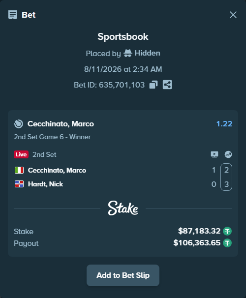 Bet slip: Cecchinato, Marco - Hardt, Nick, $87,270.50 stake at 1.22 odds, placed by Hidden