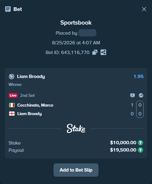 Bet slip: Cecchinato, Marco - Liam Broady, $10,000.00 stake at 1.95 odds, placed by Yarmola999