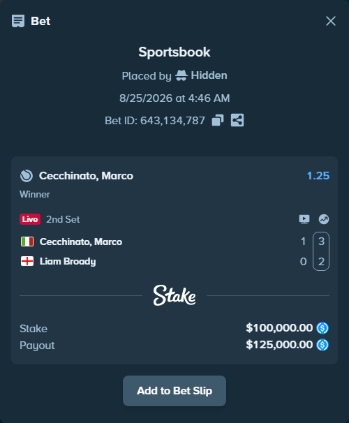 Bet slip: Cecchinato, Marco - Liam Broady, $100,000.00 stake at 1.25 odds, placed by Hidden