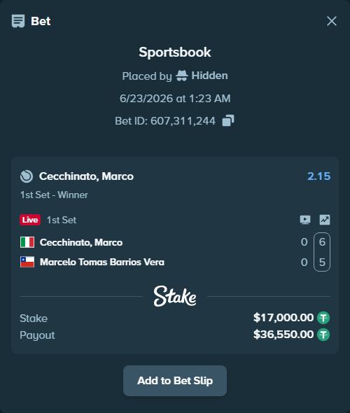 Bet slip: Cecchinato, Marco - Marcelo Tomas Barrios Vera, $17,017.00 stake at 2.15 odds, placed by Hidden