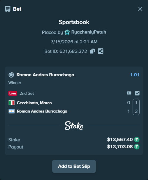 Bet slip: Cecchinato, Marco - Roman Andres Burrachaga, $13,580.97 stake at 1.01 odds, placed by RyazheniyPetuh