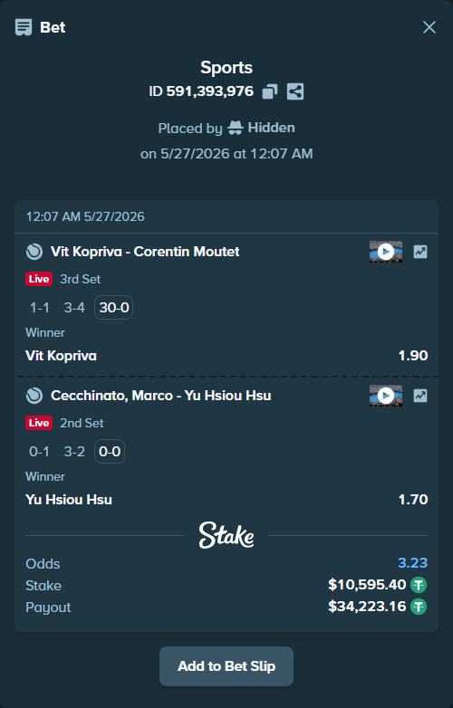 Bet slip: Cecchinato, Marco - Yu Hsiou Hsu, $10,606.00 stake at 1.70 odds, placed by Hidden