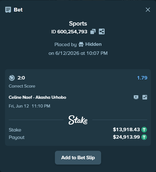 Bet slip: Celine Naef - Akasha Urhobo, $13,932.35 stake at 1.79 odds, placed by Hidden