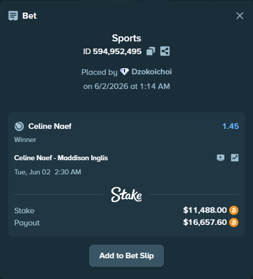 Bet slip: Celine Naef - Maddison Inglis, $10,398.05 stake at 1.45 odds, placed by Dzokoichoi