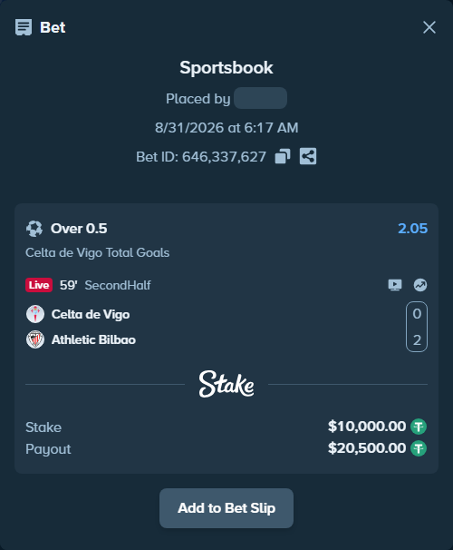 Bet slip: Celta Vigo - Athletic Bilbao, $10,000.00 stake at 2.05 odds, placed by roha1292