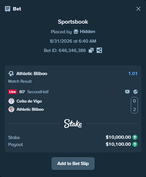 Bet slip: Celta Vigo - Athletic Bilbao, $10,000.00 stake at 1.01 odds, placed by Hidden