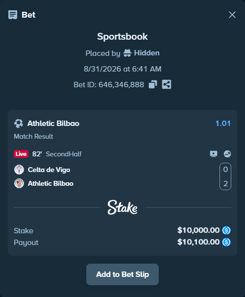 Bet slip: Celta Vigo - Athletic Bilbao, $10,000.00 stake at 1.01 odds, placed by Hidden