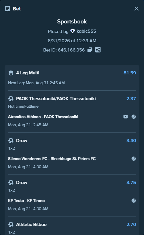 Bet slip: Celta Vigo - Athletic Bilbao, $10,176.82 stake at 2.70 odds, placed by kabic555