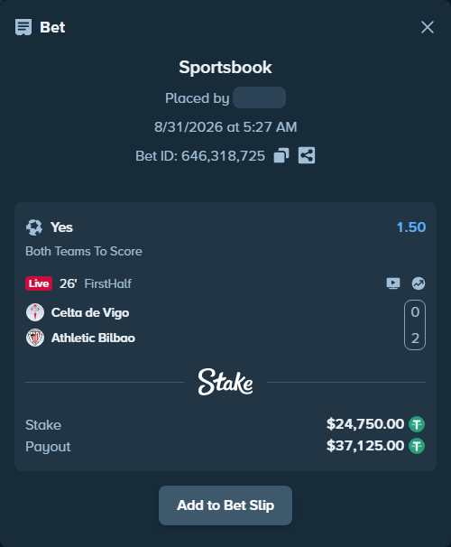 Bet slip: Celta Vigo - Athletic Bilbao, $24,750.00 stake at 1.50 odds, placed by partizanti22