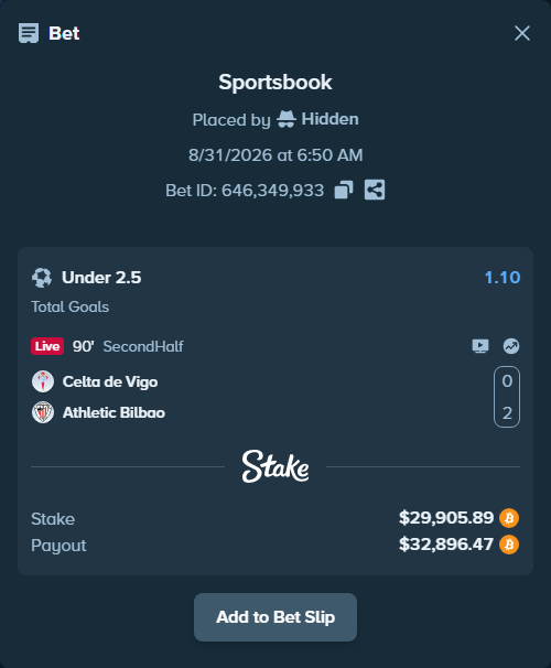 Bet slip: Celta Vigo - Athletic Bilbao, $29,903.45 stake at 1.10 odds, placed by Hidden