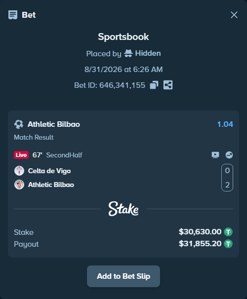 Bet slip: Celta Vigo - Athletic Bilbao, $30,630.00 stake at 1.04 odds, placed by Hidden