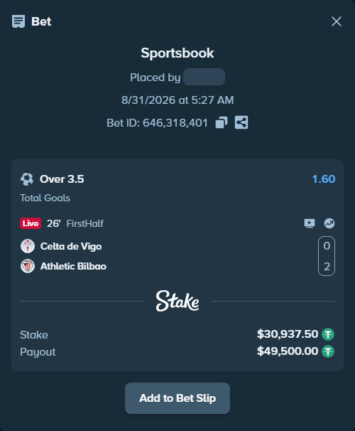 Bet slip: Celta Vigo - Athletic Bilbao, $30,937.50 stake at 1.60 odds, placed by partizanti22
