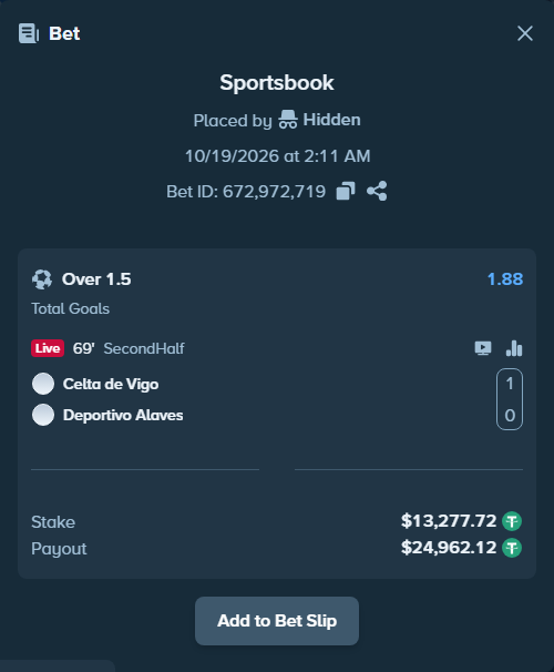 Bet slip: Celta Vigo - Deportivo Alaves, $13,291.00 stake at 1.88 odds, placed by Hidden