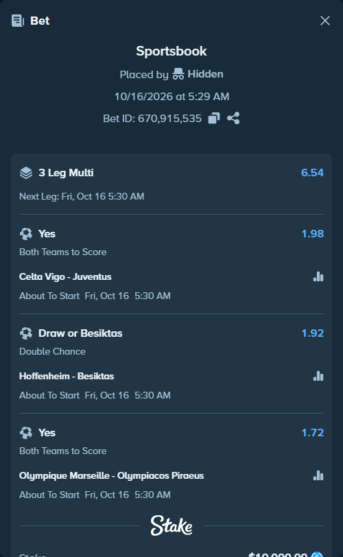 Bet slip: Celta Vigo - Juventus, $10,000.00 stake at 1.98 odds, placed by MrDivinity