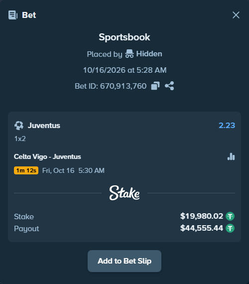 Bet slip: Celta Vigo - Juventus, $20,000.00 stake at 2.23 odds, placed by ashaark