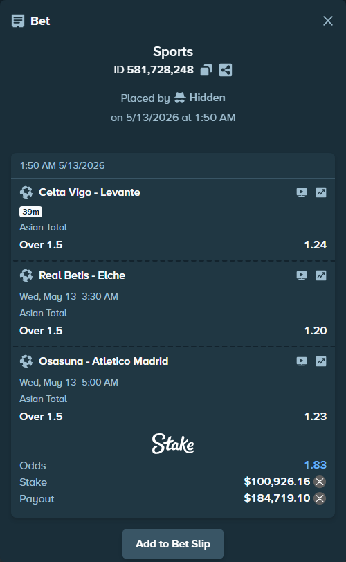 Bet slip: Celta Vigo - Levante, $81,616.97 stake at 1.24 odds, placed by Hidden