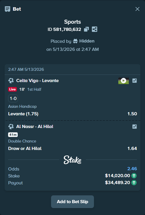 Bet slip: Celta Vigo - Levante, $14,020.00 stake at 1.50 odds, placed by Hidden