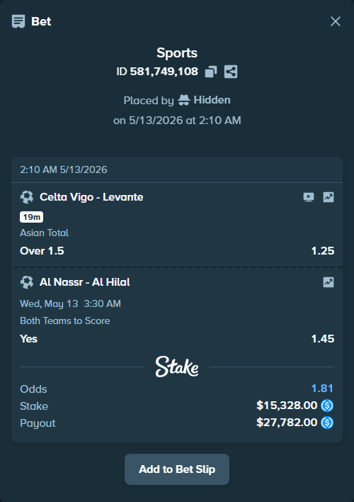 Bet slip: Celta Vigo - Levante, $15,328.00 stake at 1.25 odds, placed by Hidden
