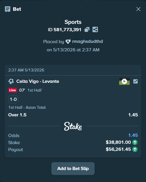 Bet slip: Celta Vigo - Levante, $38,801.00 stake at 1.45 odds, placed by rmaghsdudthd
