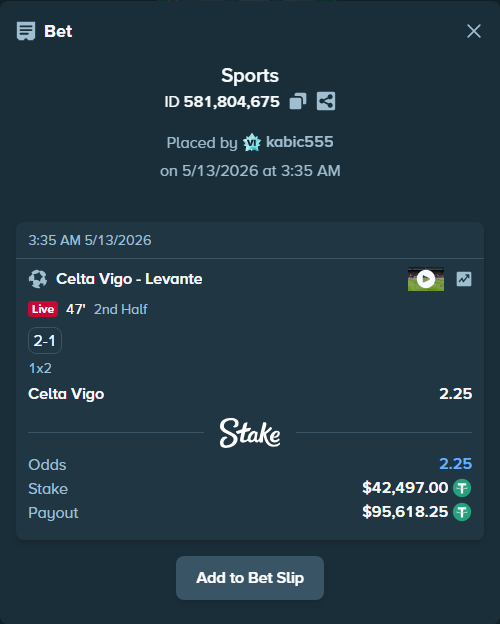 Bet slip: Celta Vigo - Levante, $42,497.00 stake at 2.25 odds, placed by kabic555
