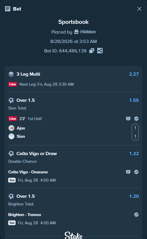 Bet slip: Celta Vigo - Osasuna, $11,660.82 stake at 1.22 odds, placed by Hidden