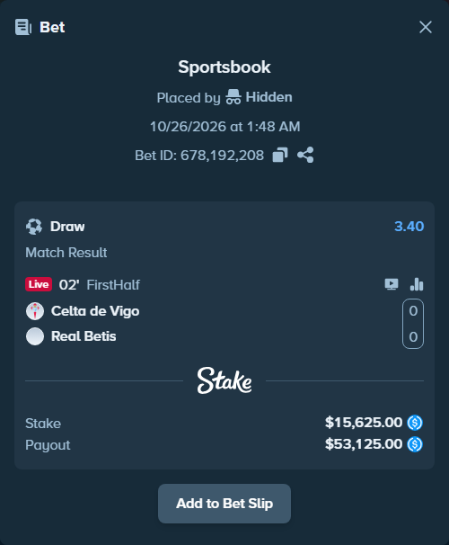 Bet slip: Celta Vigo - Real Betis, $15,625.00 stake at 3.40 odds, placed by Molle59