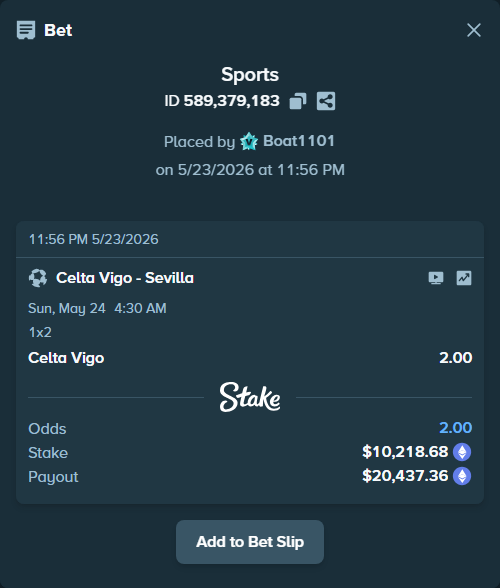 Bet slip: Celta Vigo - Sevilla, $8,671.60 stake at 2.00 odds, placed by Boat1101