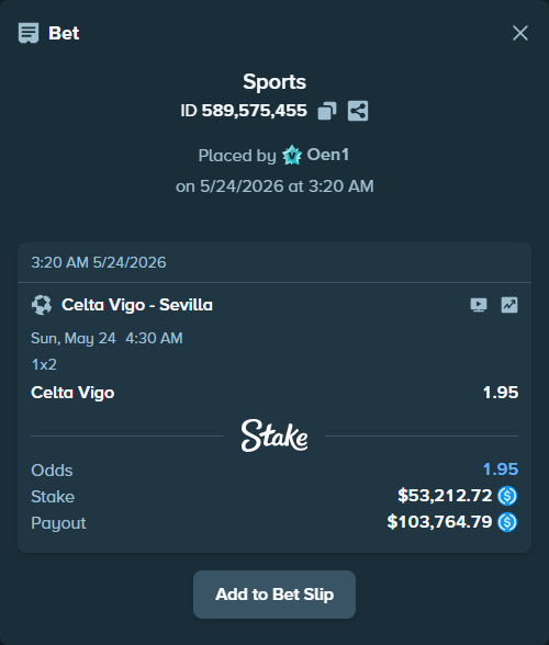 Bet slip: Celta Vigo - Sevilla, $53,212.72 stake at 1.95 odds, placed by Oen1