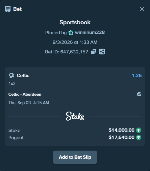 Bet slip: Celtic - Aberdeen, $14,000.00 stake at 1.26 odds, placed by winnirium228