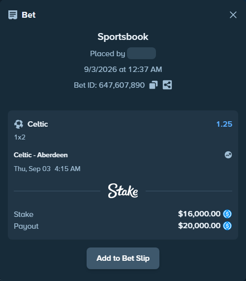 Bet slip: Celtic - Aberdeen, $16,000.00 stake at 1.25 odds, placed by Musington