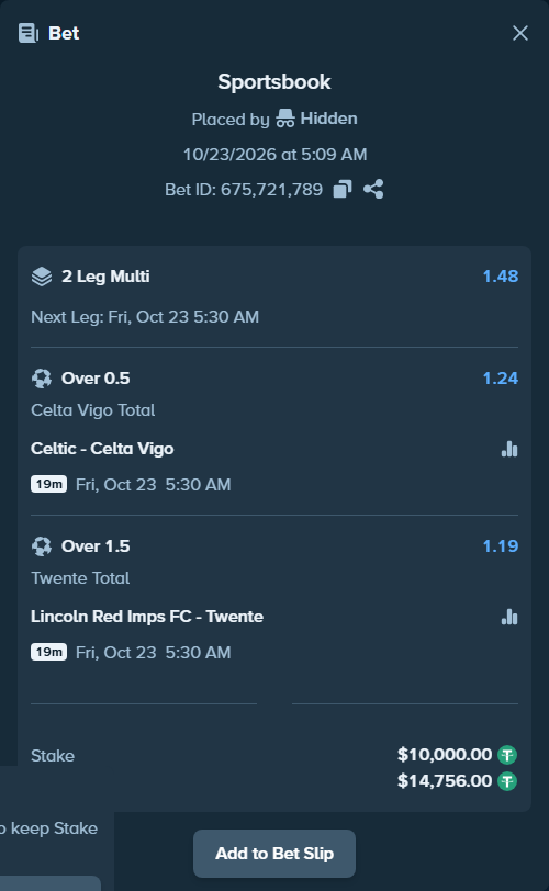 Bet slip: Celtic - Celta Vigo, $10,010.00 stake at 1.24 odds, placed by Hidden