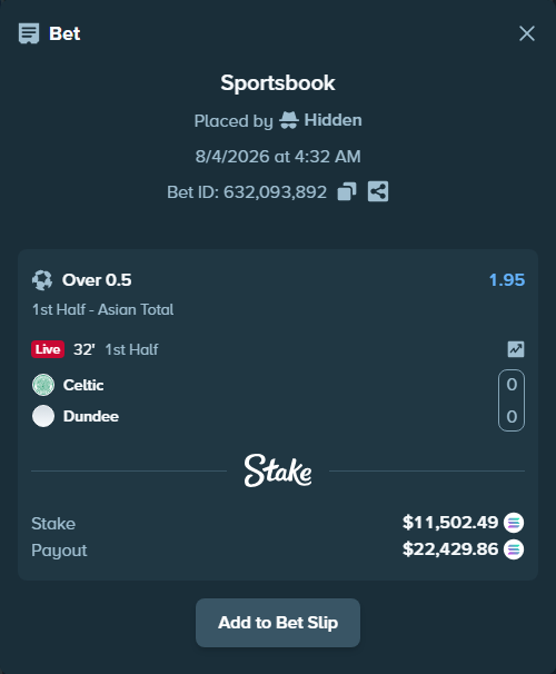Bet slip: Celtic - Dundee, $11,309.54 stake at 1.95 odds, placed by Hidden