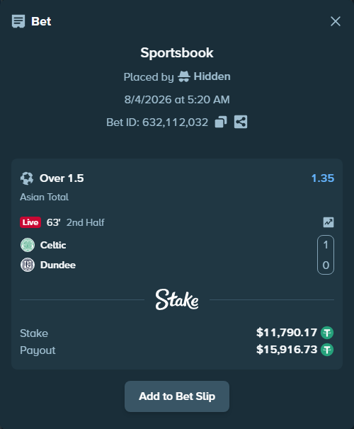 Bet slip: Celtic - Dundee, $11,801.96 stake at 1.35 odds, placed by Hidden