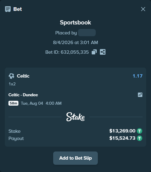 Bet slip: Celtic - Dundee, $13,282.27 stake at 1.17 odds, placed by floutp451